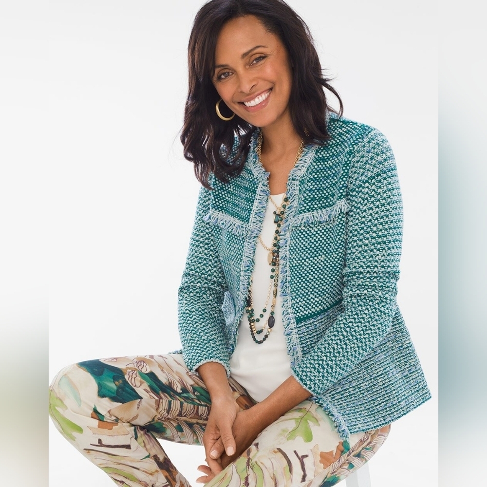 Chico's Teal‎ Knit Tweed Fringe Business Casual Structured Cardigan Size Medium